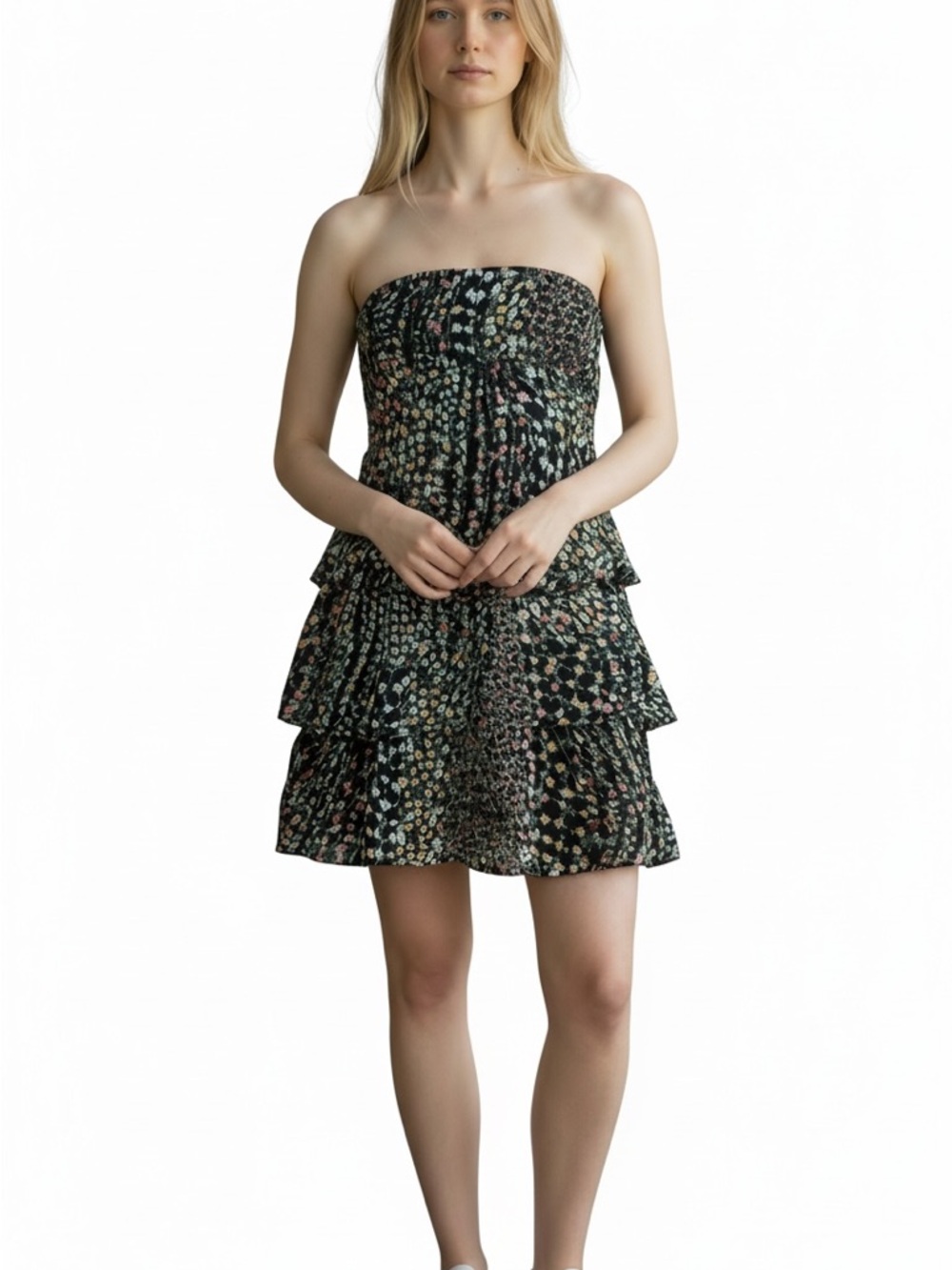 Strapless Tiered Floral Mini Dress - Black Floral